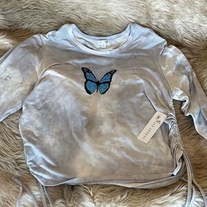 Orange Kiss side scrunched Butterfly Shirt - Blue with long sleeve